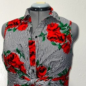 Graphic Button Up with Tie Waist Women Size Medium Black White Stripes Red Roses